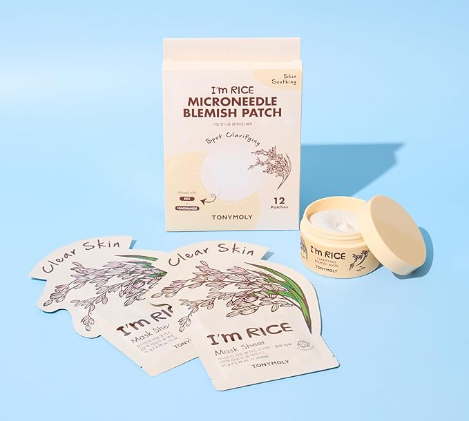 TONYMOLY I'm Rice Clarifying Skincare Set – 3-Step Face Care for Clear, Hydrated Skin – Includes Enzyme Powder Cleanser, Blemish Mask & Nourishing Sheet Masks – Gentle Exfoliation & Oil Control