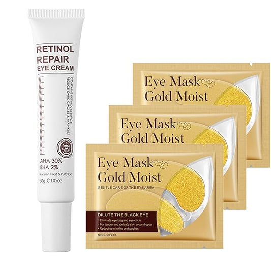 Retinol Eye Cream Anti Aging + 24k Under Eye Patches Kit, Under Eye Patches For Puffy Eyes And Dark Circles, Under Eye Cream With Retinol Serum,Dark Circle Eye Cream For Moisturizing, Firming