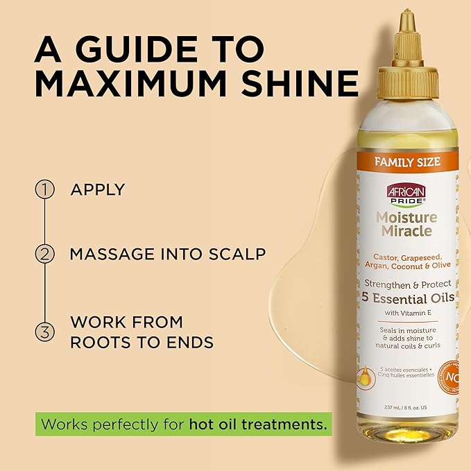 African Pride Moisture Miracle 5 Essential Hair Oils with Vitamin E | Moisture, Shine, Protection, and Growth | Argan, Castor, Grapeseed, Coconut, and Olive Oil | 8 oz