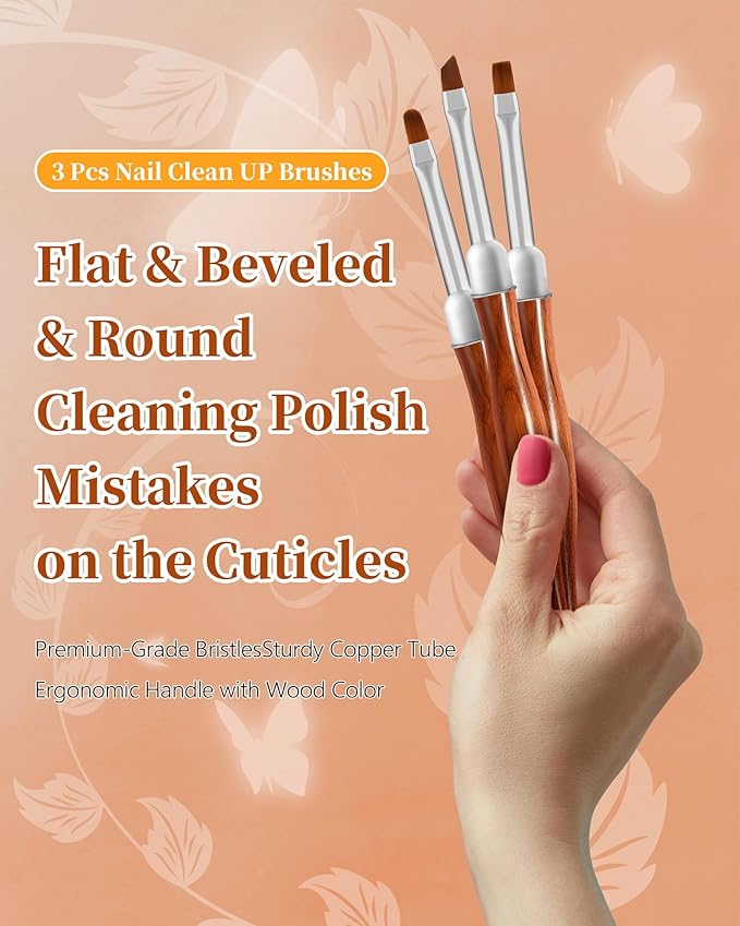 3PCS Nail Art Clean Up Brushes, Round/Angled/flat Acetone Resistant Gel Nail Polish Remover Brush, Nail Brushes for Tidying Up Polish Mishaps on Cuticles, and Nail Art Designs（Wood color）