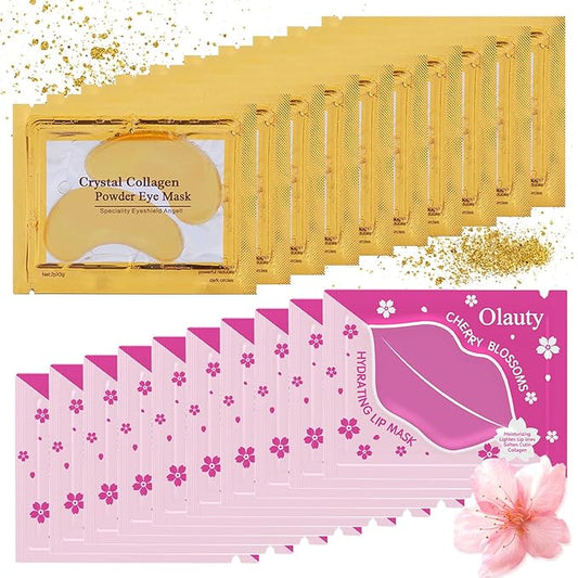 20 Pieces Lip Masks&24K Gold Under Eye Masks,Crystal Collagen Gel Eye Masks,Moisturizing Cherry Blossom Lip Patches Skin Care,Reducing Fine Lines & Dark Circle for Puffy Eyes,Birthday for Women