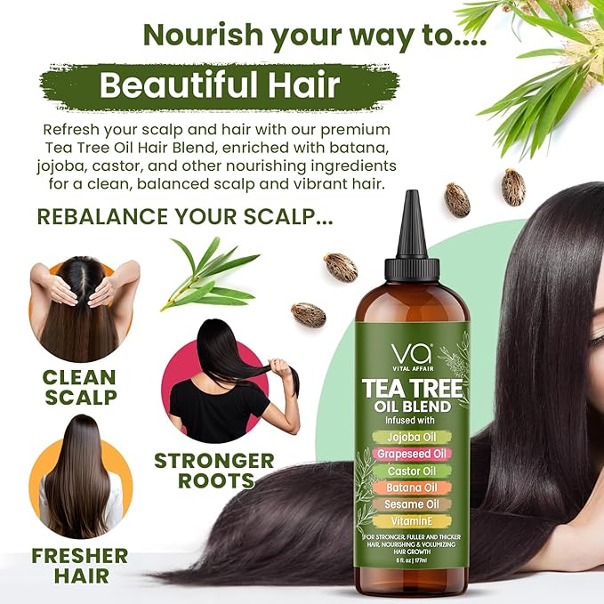 Tea Tree Oil For Hair With Jojoba, Castor, Batana Oil - Tea Tree Hair And Scalp Treatment - Hair Oil For Dandruff - Helps Strengthen, Volumize & Promotes Hair Growth - 6 Fl Oz