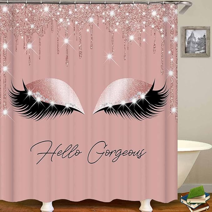 4PCS Hello Gorgeous Shower Curtain Set, Eyelash Makeup Glam Fashion Girly Pink Bathroom Decor for Women Girls, Waterproof Fabric Shower Curtain, Non-Slip Bath Mat Toilet Rug, Rose Gold Glitter