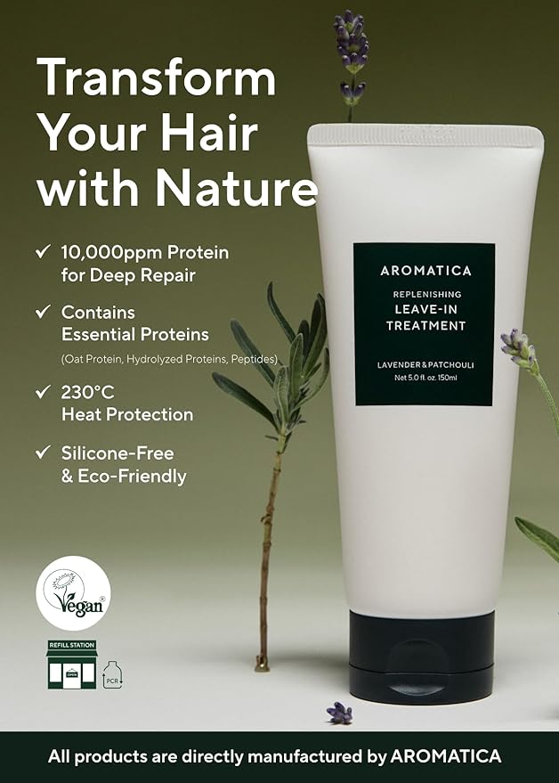 AROMATICA Replenishing Leave-in Conditioner Lavender & Patchouli, Perfect for Blow Out & Heat Protection & Damaged hair - Silicone-Free, No-Wash Hair Treatment (5.0fl oz)
