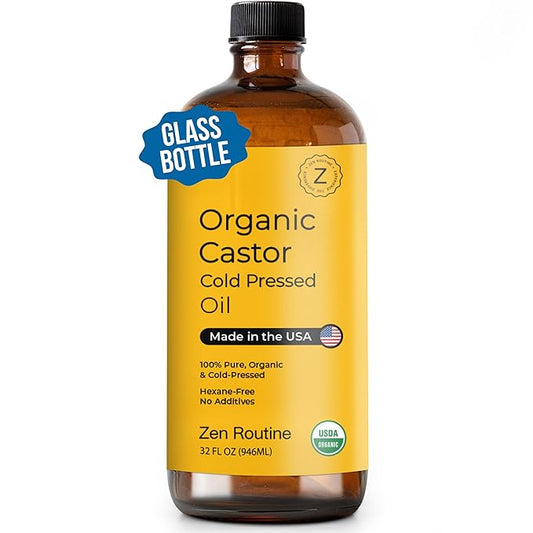 Zen Routine Organic Castor Oil (BIG Glass Bottle - 32oz) Hexane Free – Hair Growth Oil, Eye Lashes & Stomach – Pure 100% Cold Pressed Unrefined Oil for Castor Pack – USDA Certified, Made in the USA