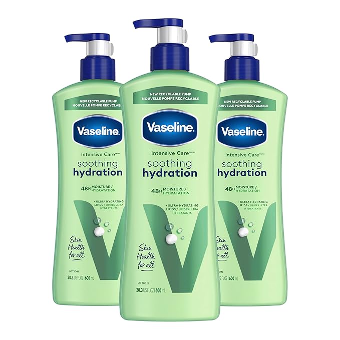 Vaseline Intensive Care Body Lotion for Dry Skin Soothing Hydration Lotion Made with Ultra-Hydrating Lipids + 1% Aloe Vera Extract to Refresh Dehydrated Skin 20.3 oz, Pack of 3 (packaging May Vary)