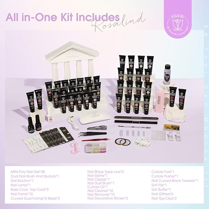 ROSALIND 38PCS Poly Nail Gel Kit with Mini Nail Lamp Neon Blue Poly Extension Gels Kit Hot Pink Nude Poly Nails Set