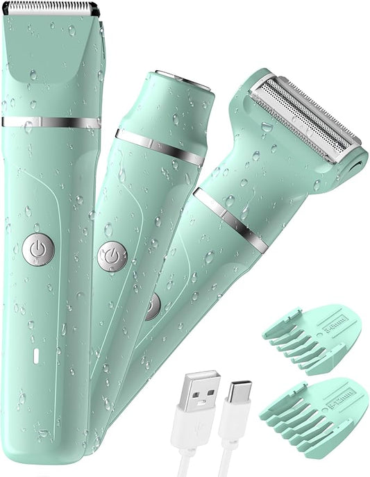 Bikini Trimmer for Women - 3 in 1 IPX7 Waterproof Electric Razors for Women,Body Pubic Hair Electric Shaver for Womens & Facial Hair Remover,Rechargeable Wet/Dry for Body,Underarm,Leg(Mint Green)