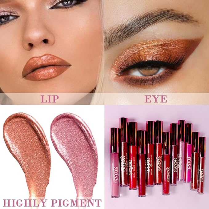 evpct 2Pcs Bronze Gold Nude Gold Matte to Glitter Liquid Lipstick Set for Women Long Lasting Glossy Metallic Shimmer Sparkle Lipstick Lip Gloss 5+14