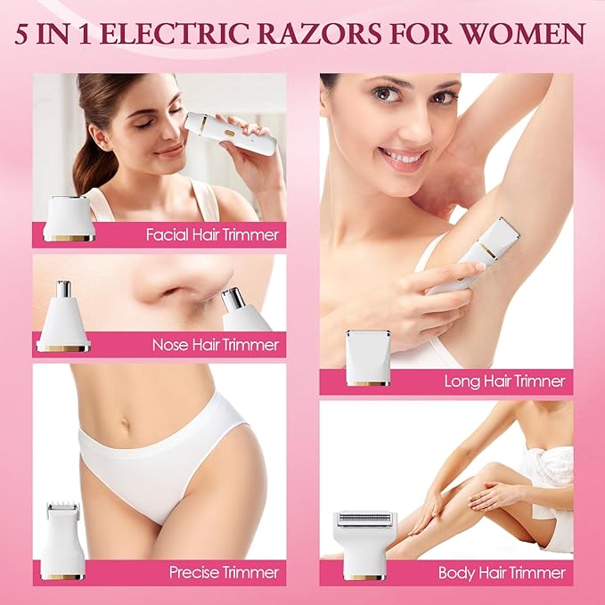 Bikini Trimmer for Women - 5 in 1 Electric Razors for Ladys Pubic Facial Nose Body Leg Hair Removal, Waterproof Electric Shaver for Women Private Area Sensitive Skin, Personal Hair Trimmer