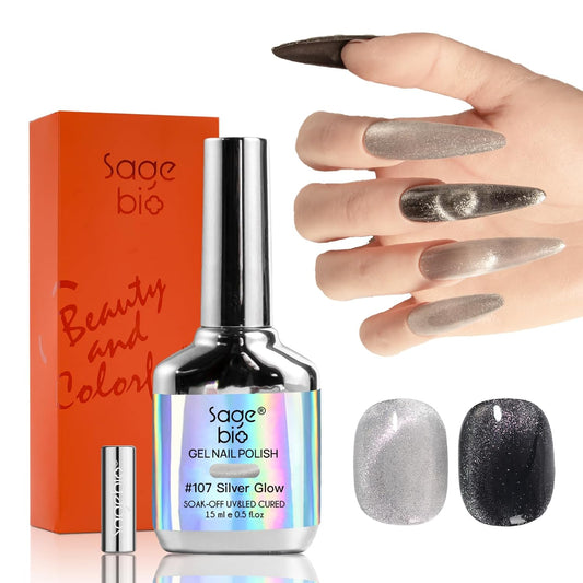 Cat Eye Gel Nail Polish with Magnet Stick, 15ml Magnetic Gel, Create Stunning Cat Eye Effects for DIY Manicures, Long-Lasting, Salon-Quality Finish, Silver Glow