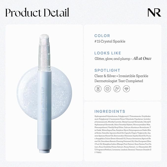 Nature Republic HONEY MELTING LIP GLITTER & PLUMPING (15 CRYSTAL SPARKLE) SOFT LIP STICK Hydrating&Moisturizing clear Gloss,Volumizing formula & Sheer tint, Shine Glimmer Finish, korean make up