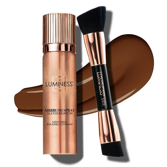 LUMINESS Silk Airbrush Spray Foundation & Buffing Brush Kit – Full Coverage Foundation & Dual-Sided Buffing Brush - Buildable Coverage, Anti-Aging Formula Hydrates & Moisturizes (Shade - Deep Dark)