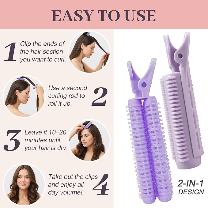 4PCS Volumizing Hair Clips for Root Lift & Volume - Instant Bangs Roller Clips for Effortless Curls & Lift - Velcro Rollers For Hair - Hair Rollers For Women - Purple