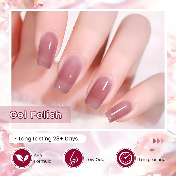 JODSONE 6PCS Jelly Gel Nail Polish Set 6Colors 10ml Long Lasting Neutral Nude Pink Pale Purple Jelly Gel Polish Art for Nail and Salon Need U V Lamp