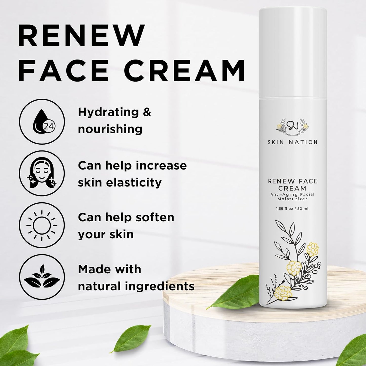 Skin Nation Renew Face Cream, Hydrating Moisturizer with Peptides, Hyaluronic Acid & Green Tea, Lightweight Plant-Based Cream for Smooth, Radiant Skin, 1.69 fl oz