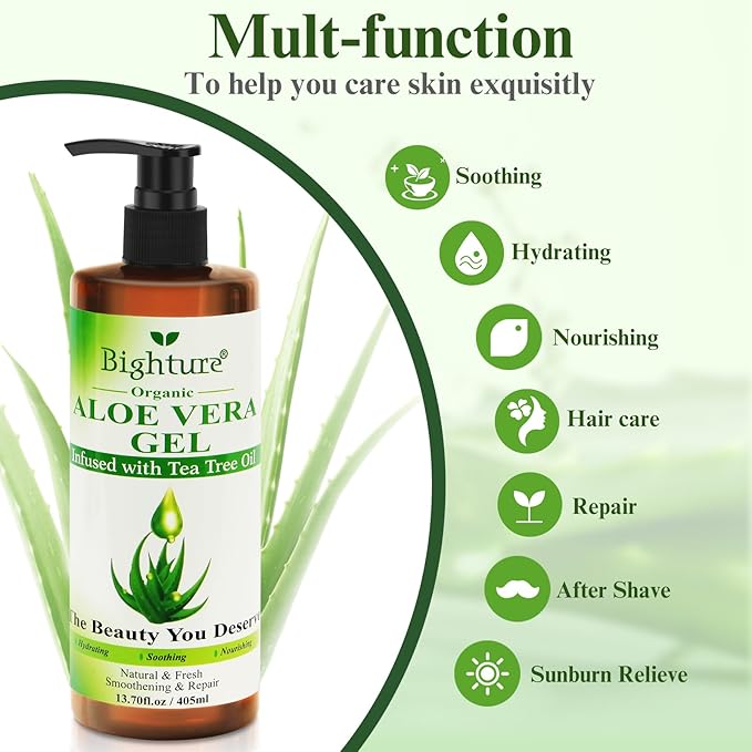 Aloe Vera Gel with Tea Tree Oil for Face, Skin, Hair, Sunburn relief, Organic Aloe Vera Gel from Freshly cut 100% Pure Aloe,13.7oz