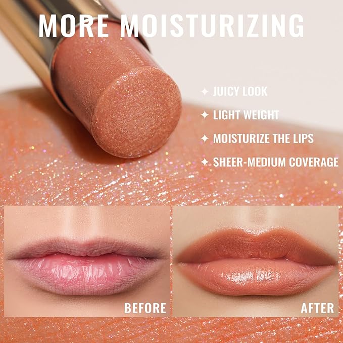 Oulac Moisture Peach Nude Lipstick - 2 in 1 Shimmer Lipstick & Lip Balm, Shimmer Soild Lip Gloss, Lightweight Smooth, Natural Look Best for Dry, Cracked and Chapped Lips, Vegan 2.2g/0.07oz (S05)