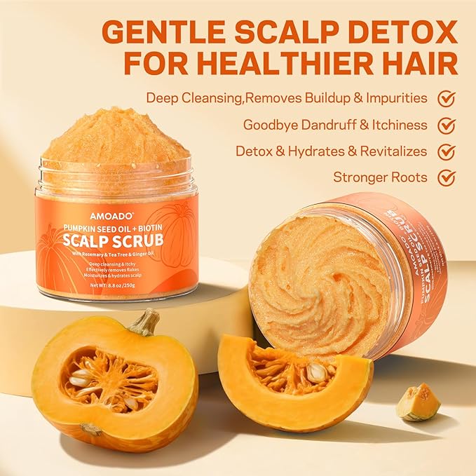 Scalp Scrub, Pumpkin Seed Oil Scalp Exfoliator With Biotin & Rosemary, Sulfate Free Scalp Detox for Itchy Scalp & Dandruff & Buildup Removal & Hair Growth, Hair Scrub with Scrubber