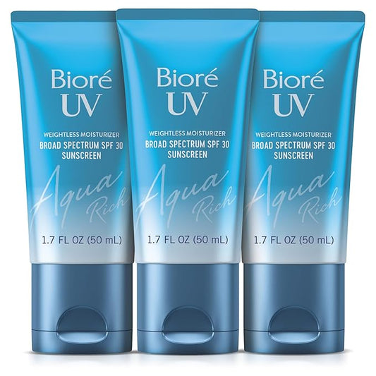 Biore UV Aqua Rich SPF 30 Daily Moisturizer Sunscreen for Face, For Sensitive Skin, Oil Free, Hyaluronic Acid, Vegan, Oxybenzone & Octinoxate Free, Dermatologist Tested, 1.7 Oz, 3pk