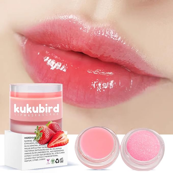 kukubird Lip Mask Overnight Hydrating Lip Balm Mask Exfoliating Lip Scrub Lip Care Treatment For Chapped and Cracked Lips-Strawberry