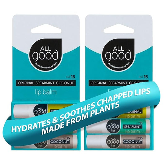 All Good Organic SPF15 Lip Balm - Hydrating Lip Care with Olive Oil, Beeswax, Calendula, Lavender, Vitamin E - Lip Moisturizer with Zinc Oxide Protection - Original, Spearmint & Coconut (6-pack)