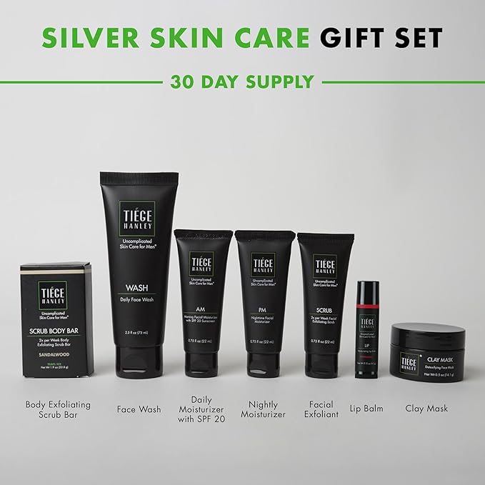 Tiege Hanley Mens Skin Care Gift Box Set, Silver - Men's Skincare Set Includes Face Wash, AM & PM Facial Moisturizer, Face Clay Mask & Scrub, Body Scrub Bar, & Moisturizing Lip Balm