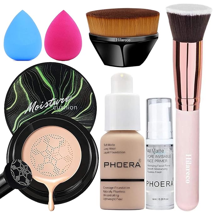 PHOERA Foundation,Mushroom Head Air Cushion CC Cream Natural Foundation,PHOERA Makeup Foundation Full Coverage,Phoera Face Primer, Foundation Brush (102Nude + 02Natural CC)