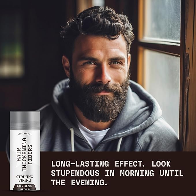 Striking Viking Hair Fibers for Thinning Hair, Dark Brown (28g) - Long Lasting, Undetectable Natural Building Powder for Thicker Looking Results, Men & Women