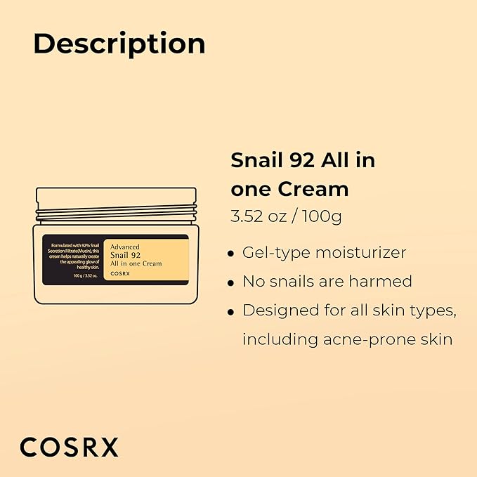 COSRX Snail Mucin 92% Repair Cream, Daily Face Gel Moisturizer for Dry Skin, Acne-prone, Sensitive Skin, Not Tested on Animals, No Parabens, Korean Skincare (3.52 Fl Oz (Pack of 1))