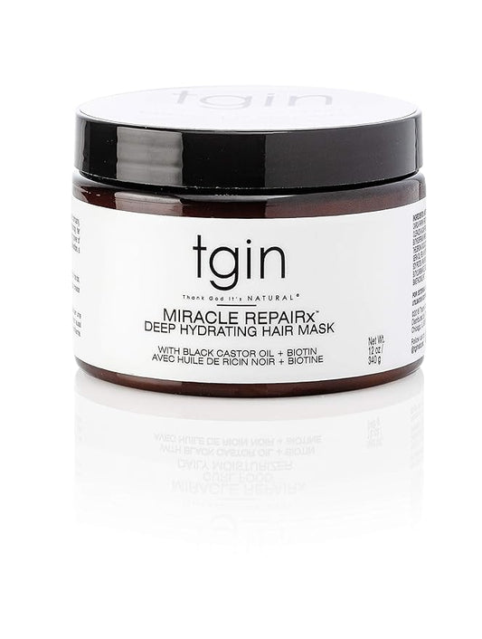 tgin Miracle RepaiRx Deep Hydrating Hair Mask for Curly, Coily and Wavy Hair, with Biotin and Black Castor Oil, Deep Moisture and Repair for Damaged, Color-Treated Hair, 12 oz
