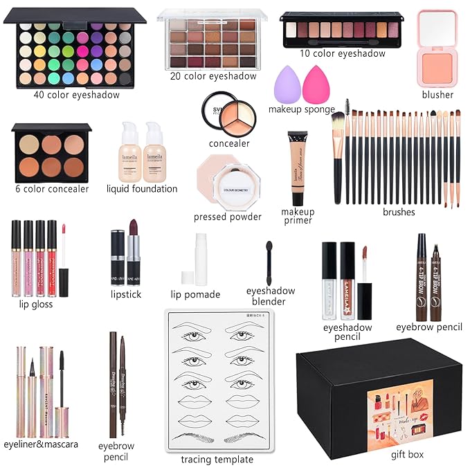 All in One Makeup Kit Makeup Kit for Women Full Kit Multipurpose Makeup ，eyeshadow、 liquid foundation,Loose powder,Eyebrow pencil,4-color lip gloss set