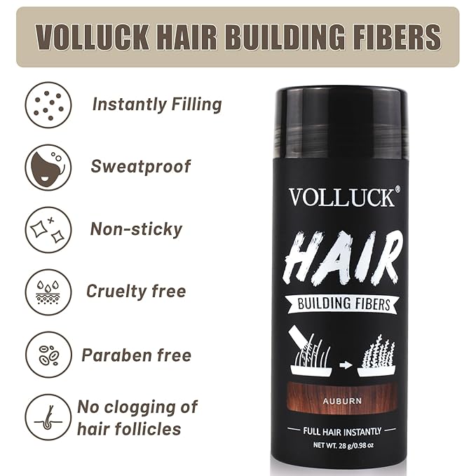 VOLLUCK Hair Fibers for Thinning Hair, Instant Coverage Hair Building Fibers for Women and men, Natural Hair Powder for Conceal Hair Loss 28 g (Auburn)