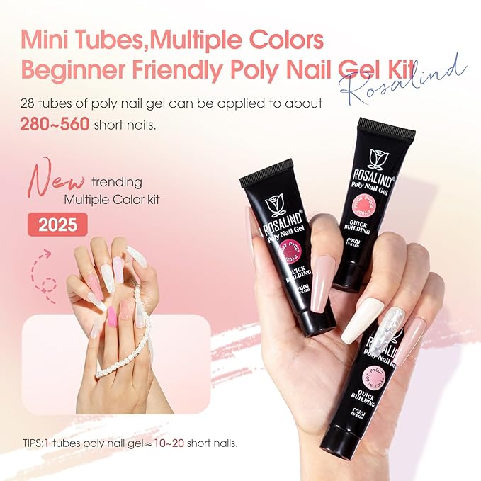 ROSALIND 28 Colors Poly Nail Gel Kit with Mini U V/LED Lamp White Nude Poly Nails Gel Kit Starter Kits With Slip Solution Pink Extensions Set for Nail Manicure Beginner
