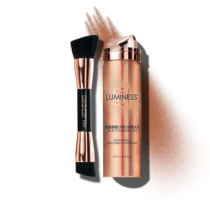 LUMINESS Silk Airbrush Spray Foundation & Buffing Brush Kit – Full Coverage Foundation & Dual-Sided Buffing Brush - Buildable Coverage, Anti-Aging Formula Hydrates & Moisturizes (Shade - Light Deep)