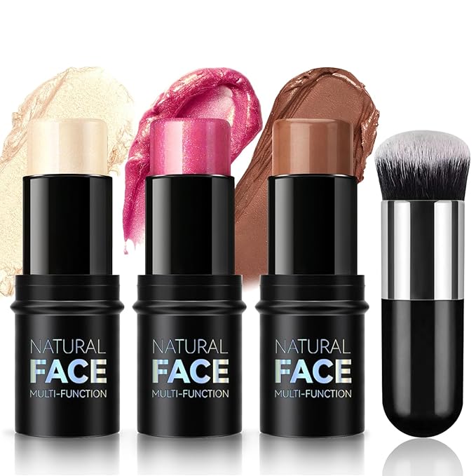 3Pcs Contour Highlighter Cream Blush Stick for Cheeks Eyes Lips Lightweight Dewy Finish Blush Stick Waterproof Long Lasting Contour Stick Trio Wand Face Makeup Set for Girls and Women (1+3+4)