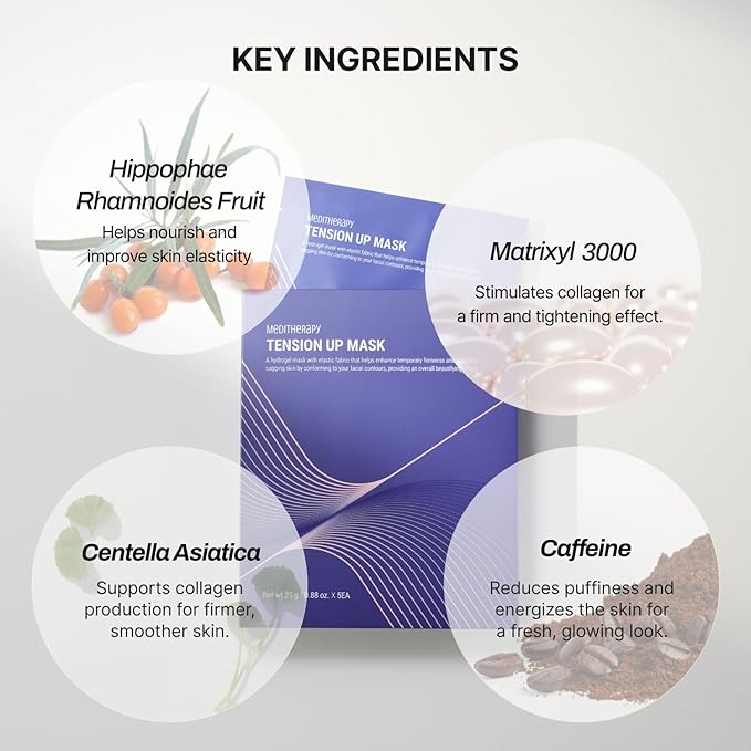 MEDITHERAPY Tension Up Mask 5EA - Korean Collagen Face V Line Lifting Mask - Hydrating Firming & Skin Tightening for Sharp & Sculpted Contour - Matrixyl & Peptide Gel Facial Mask for Youthful Radiance