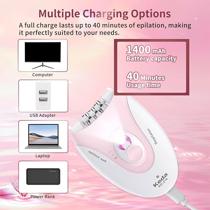 Smooth Glide Epilators Hair Removal for Women, 2 Speed Hair Removal Device with LED Light, Portable Rechargeable Face Epilator, Epilator for Women Face, Bikini, Arm, Legs, Armpits