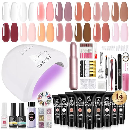ROSALIND Poly Nail Gel Kit -14 Colors + 75 Nail Art Accessories Kit Nude Pink Series Poly Gel with Big Uv Light 48W and Electric Nail Drill Poly Nail Gel Starter Kit with Everything Gift