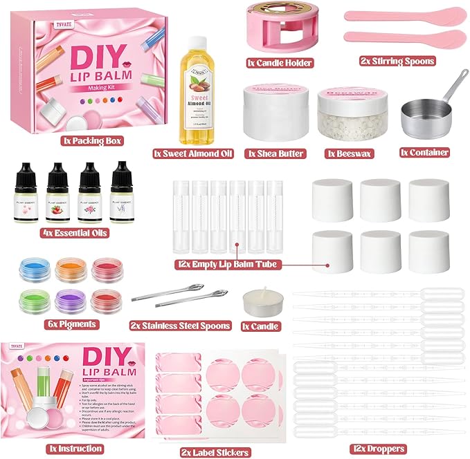TSVATE DIY Lip Balm Kit, 47Pcs Lip Balm Making Kit for Kids, Make Your Own Lip Balm, DIY Lip Care Kit by Multi-flavor and Multicolored, DIY Makeup Set for Birthday Gift