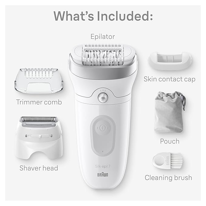 Braun Epilator Silk-épil 7, Hair Removal Device, Women Shaver & Trimmer, Wet and Dry, Wide Head, Includes Shaver Head and Trimmer Comb, SE7-041, Silver