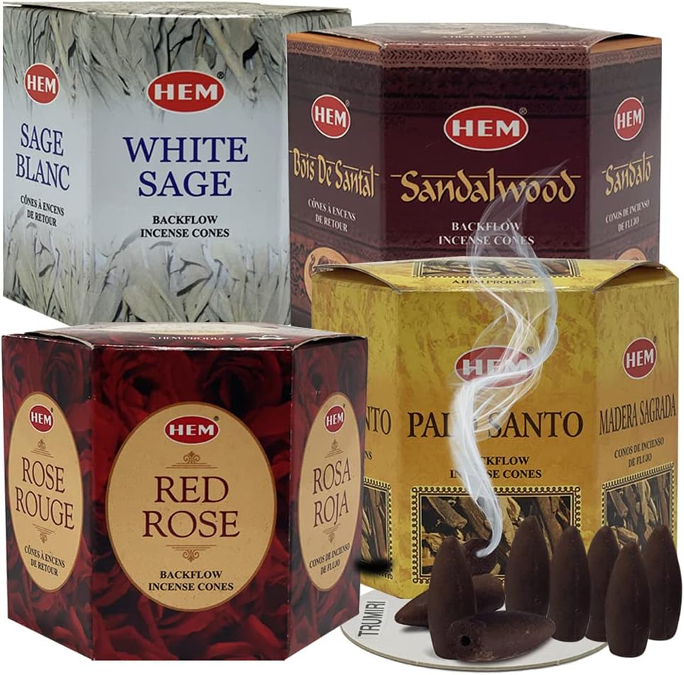 TRUMIRI Incense Cones - Variety Pack of 4 Fragrances (White Sage, Palo Santo, Sandalwood, Red Rose) - 160 Cones (4 Sets of 40) - Aromatic Incense for Waterfall and Mat Bundle