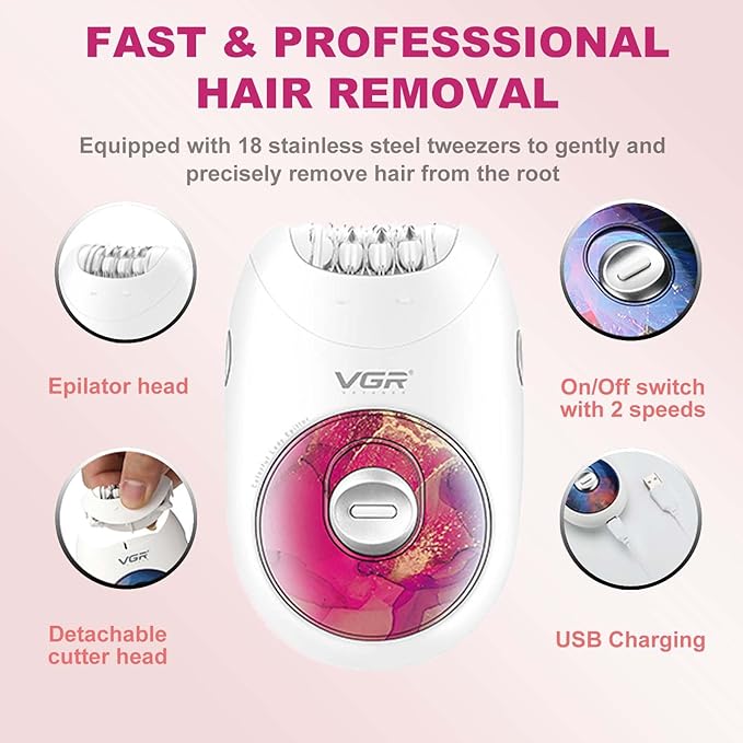 VGR 706 Professional Epilator for Women,Portable Cordless Smooth Glide Hair Removal Device for Legs, Underarm, Back,Full-Body Epilator with 18 Tweezers System, 2 Speeds Hair Removal with Silent Design