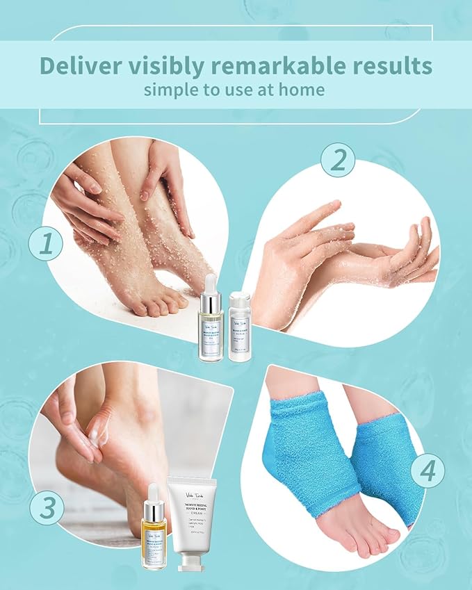 VTS Self Care Kit - Includes Moisturizing Heel Socks, Hand & Foot Oil, Salt Scrubs, Serum, Urea Cream 40 Percent - Hand Care Set, Foot Pedicure Kit for Dry Cracked Heels Feet Knees Elbows Hands