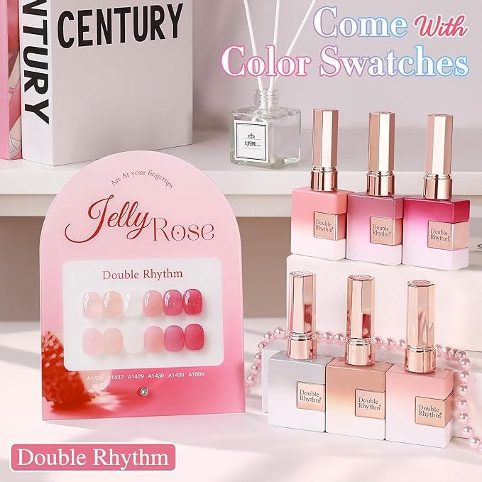 Double Rhythm 6 Pcs 15 ML Gel Polish Set Same Color Same Bottle Soak Off Gel Polish Kit Nail Art Manicure Salon DIY at Home for Women (Milky White Jelly Pink Nude Peach-T6-24)