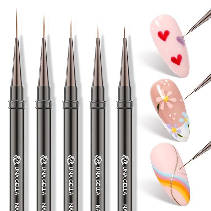 UNA GELLA Nail Art Brushes Metallic, Liner Pens 5Pcs Set For Nail Art Gel Polish, Gray Color, Detail Nail Art Design Painting Brush Set For Nails Gel Fine Drawing Nail Tools, 6/9/11/15/18mm Sizes