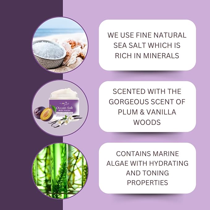 Sea Salt Body Scrub by Florida Suncare - Ocean Salt Body Polish Infused with Marine Algae - Exfoliating Face and Body Scrub -Facial Scrub Exfoliator to Tackle Acne, Scars (Plum & Vanilla Woods, 3.3oz)