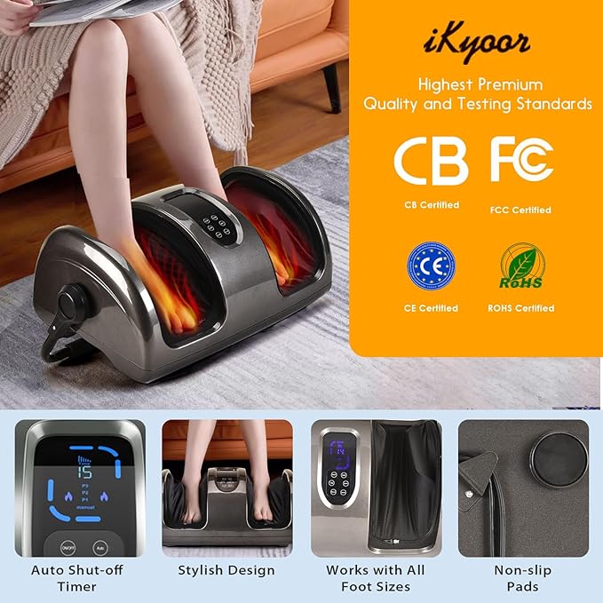 Shiatsu Foot Massager with Heat Deep Kneading Foot and Calf Leg Massager Machine for Relaxation, Muscle Pain Relief Massage (Silver)