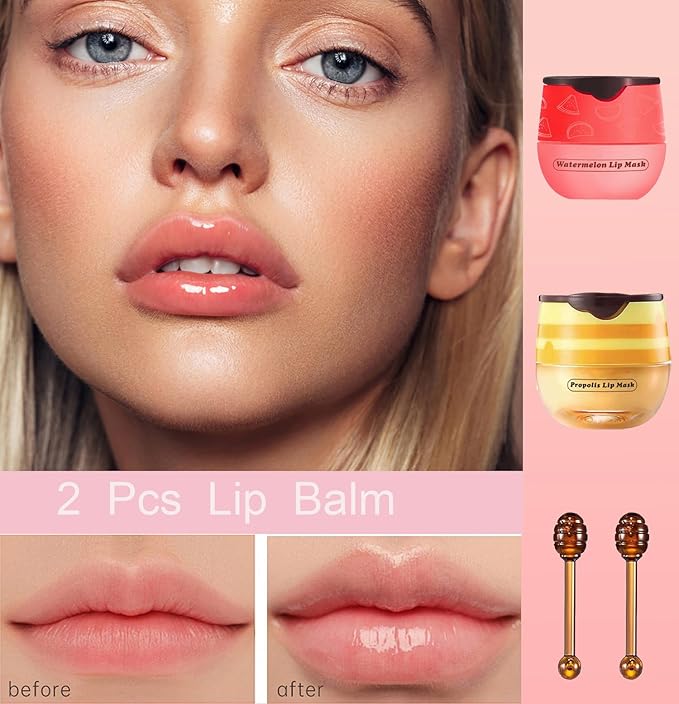 2 PCS Bee Lip Balm Honey Pot, Honey Watermelon Bee Lip Balm Sleeping Lip Mask Overnight with Sticks, Honey Pot Lip Balm Hydrating Exfoliating Prevention Dry and Crack Lip Scrubs