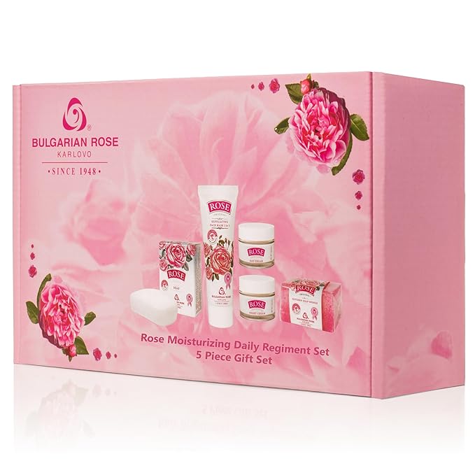 Bulgarian Rose Moisturizing Daily Regimen 5 Piece Gift Set - Rose Day Cream, Rose Night Cream, Exfoliating Face Mask, Rose Soap, Rose Soap Sponge